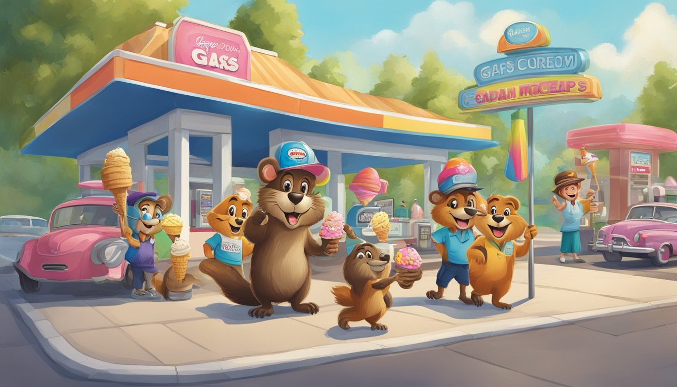 A bustling gas station with a beaver mascot, adorned with a large hat and holding a giant ice cream cone, surrounded by happy customers and colorful signage