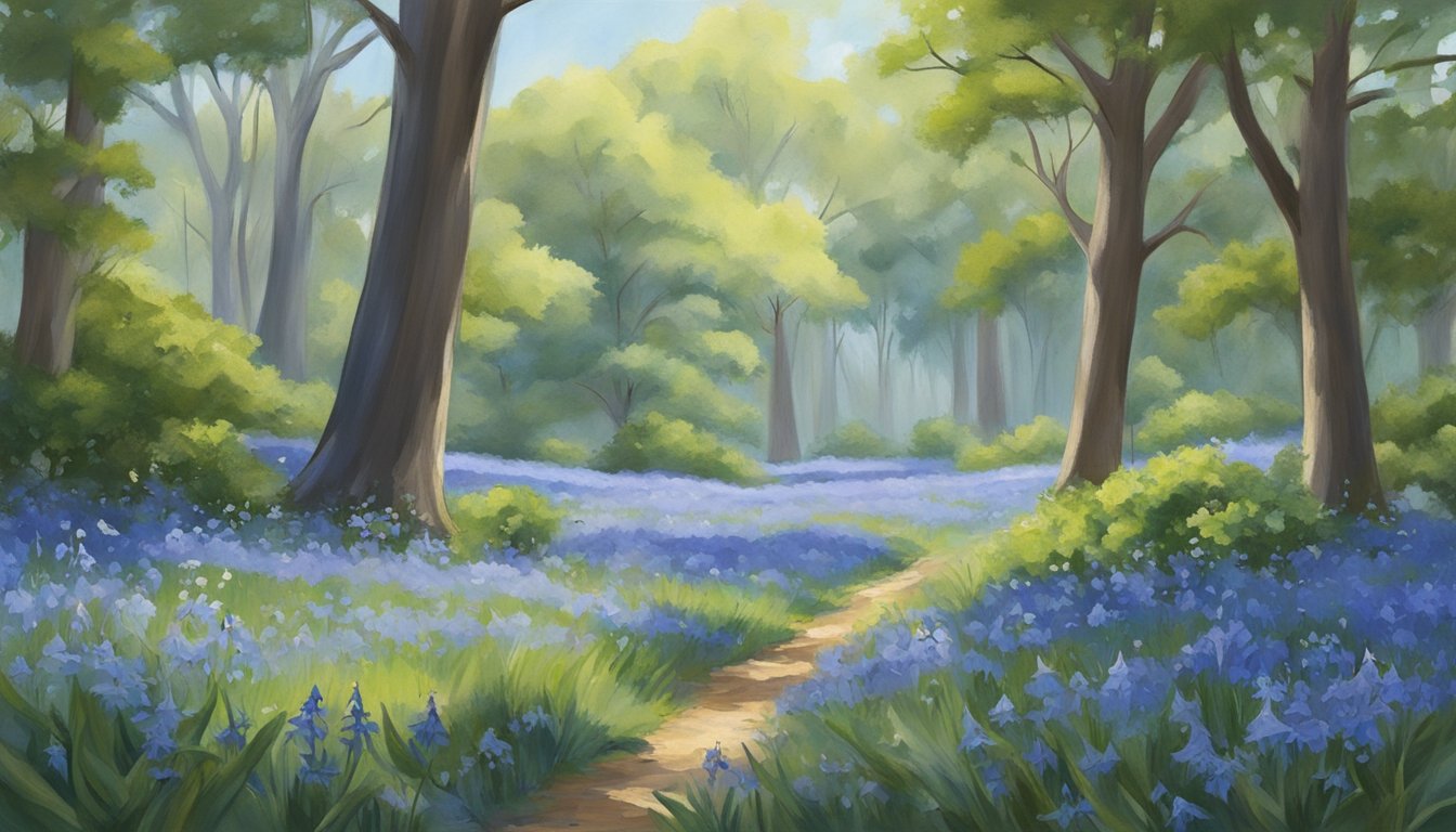 A serene bluebell field in Texas, surrounded by diverse flora and fauna, with a clear blue sky and a gentle breeze