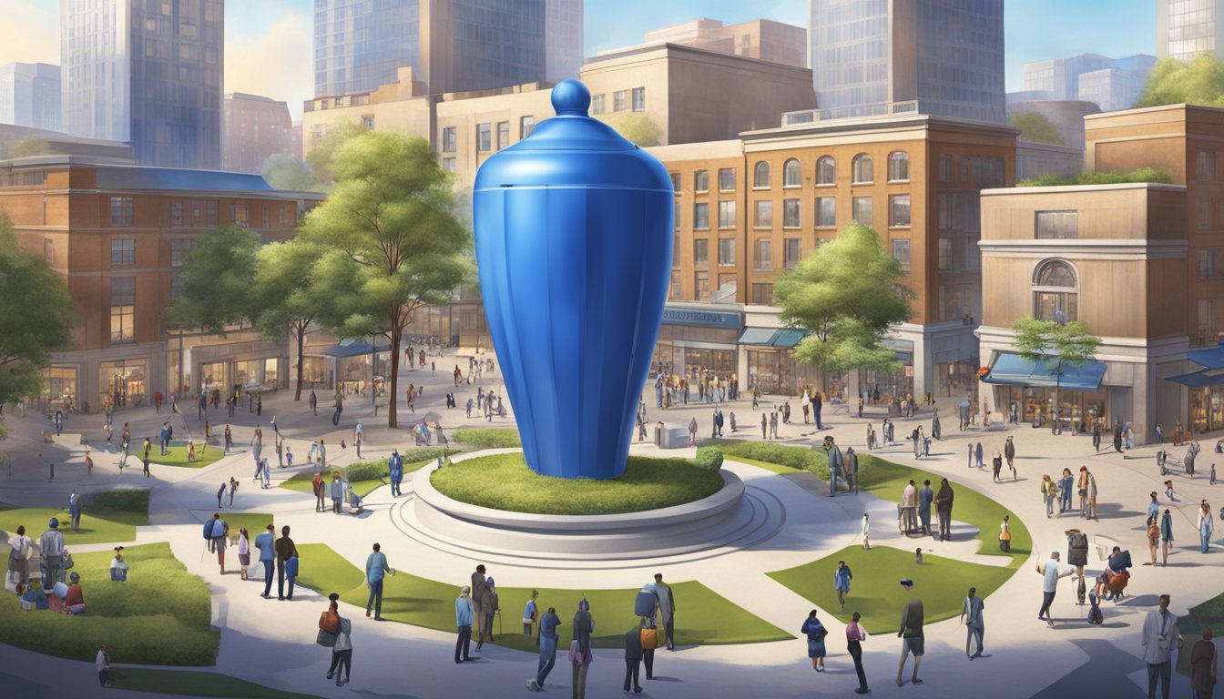 A bustling town square with a towering blue bell statue surrounded by modern buildings and advanced technology. Families gather and interact, symbolizing the role of family in Blue Bell's success