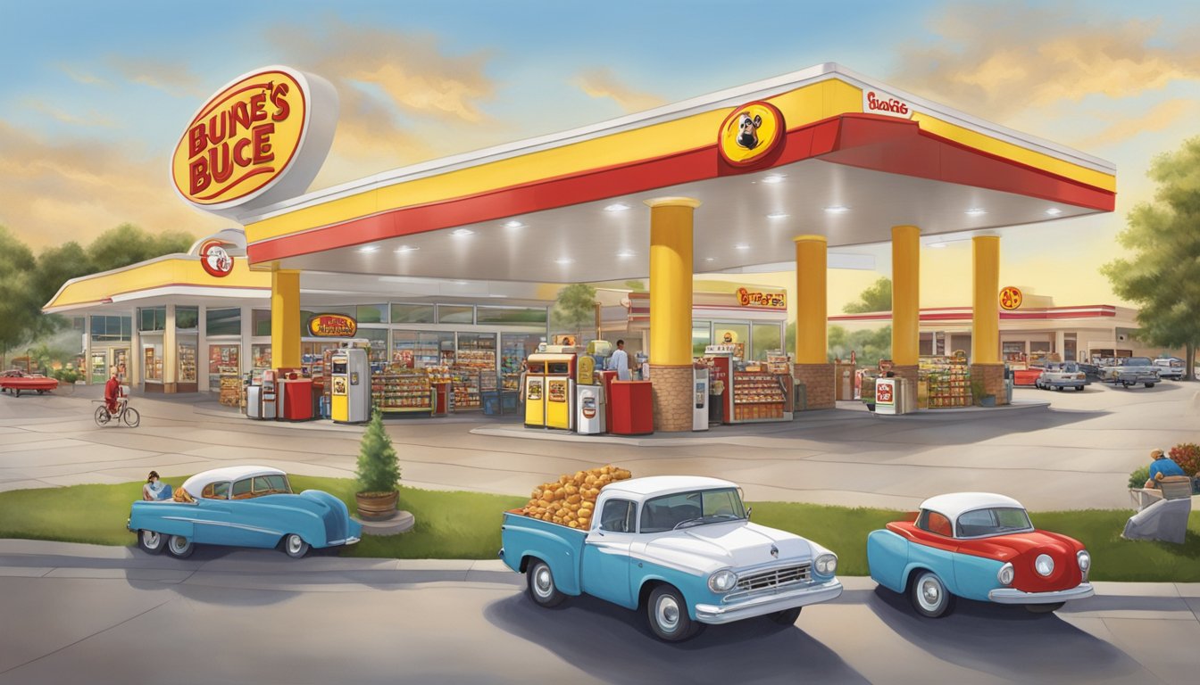 A bustling Buc-ee's gas station with towering fuel pumps, a sprawling store filled with snacks and merchandise, and the iconic beaver mascot welcoming visitors