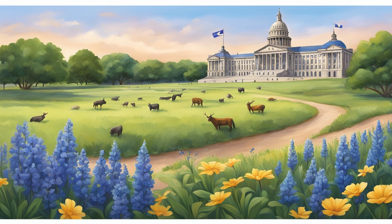 A serene Texas landscape with a blue bell field surrounded by diverse wildlife and a backdrop of legislative buildings