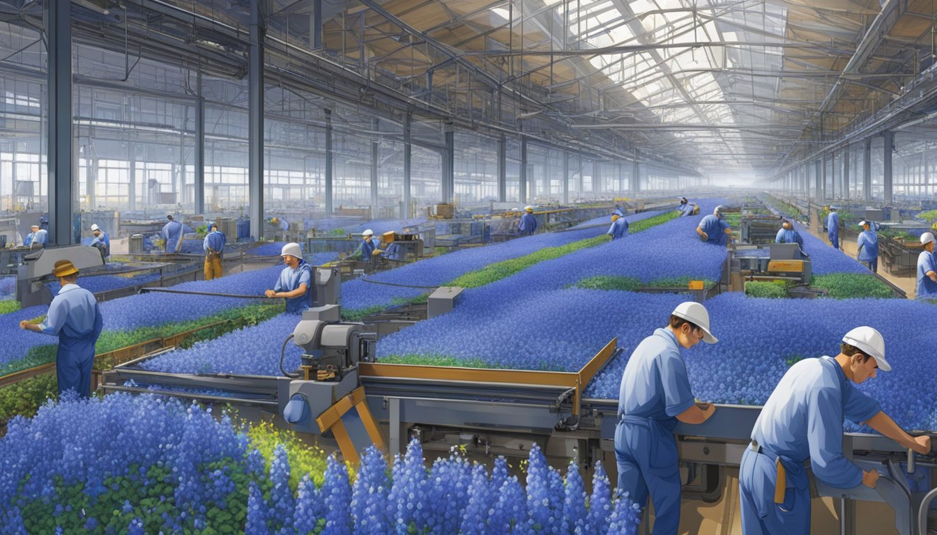 The bustling factory floor, filled with whirring machinery and workers in blue uniforms, produces a sea of vibrant blue bells