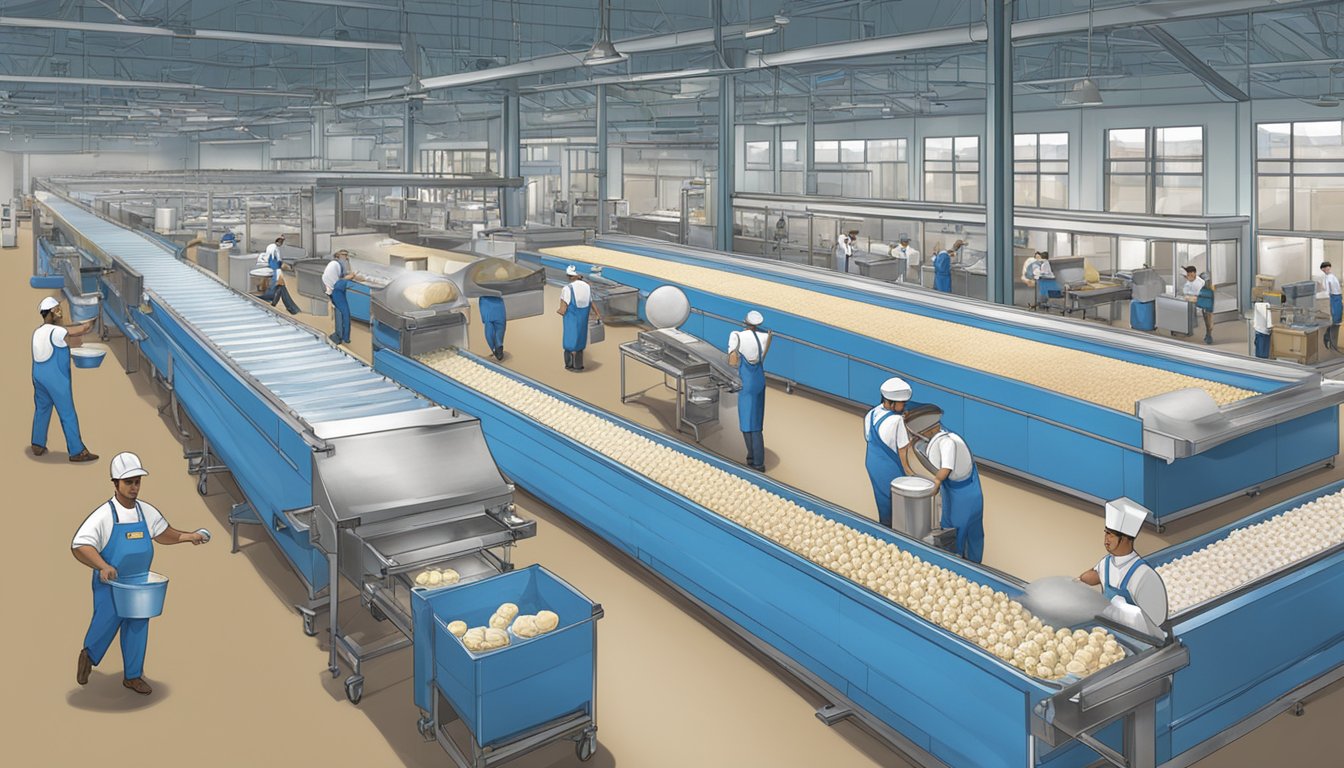 The Blue Bell Factory: A bustling scene of workers packaging ice cream in various flavors, with conveyor belts and machinery in the background