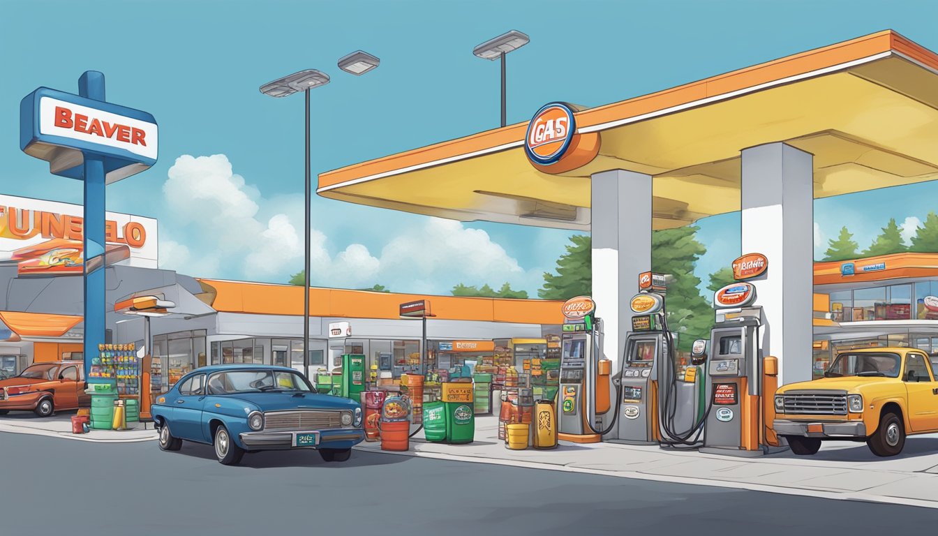 A bustling gas station with a giant beaver mascot, colorful snacks, and unique souvenirs, surrounded by busy fuel pumps and parked cars