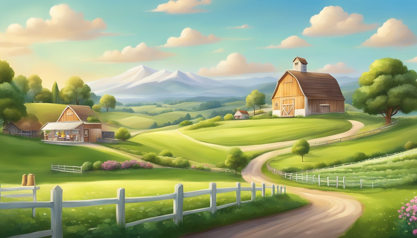 A serene countryside scene with a picturesque dairy farm, rolling green hills, and a charming ice cream shop nestled in the heart of the landscape