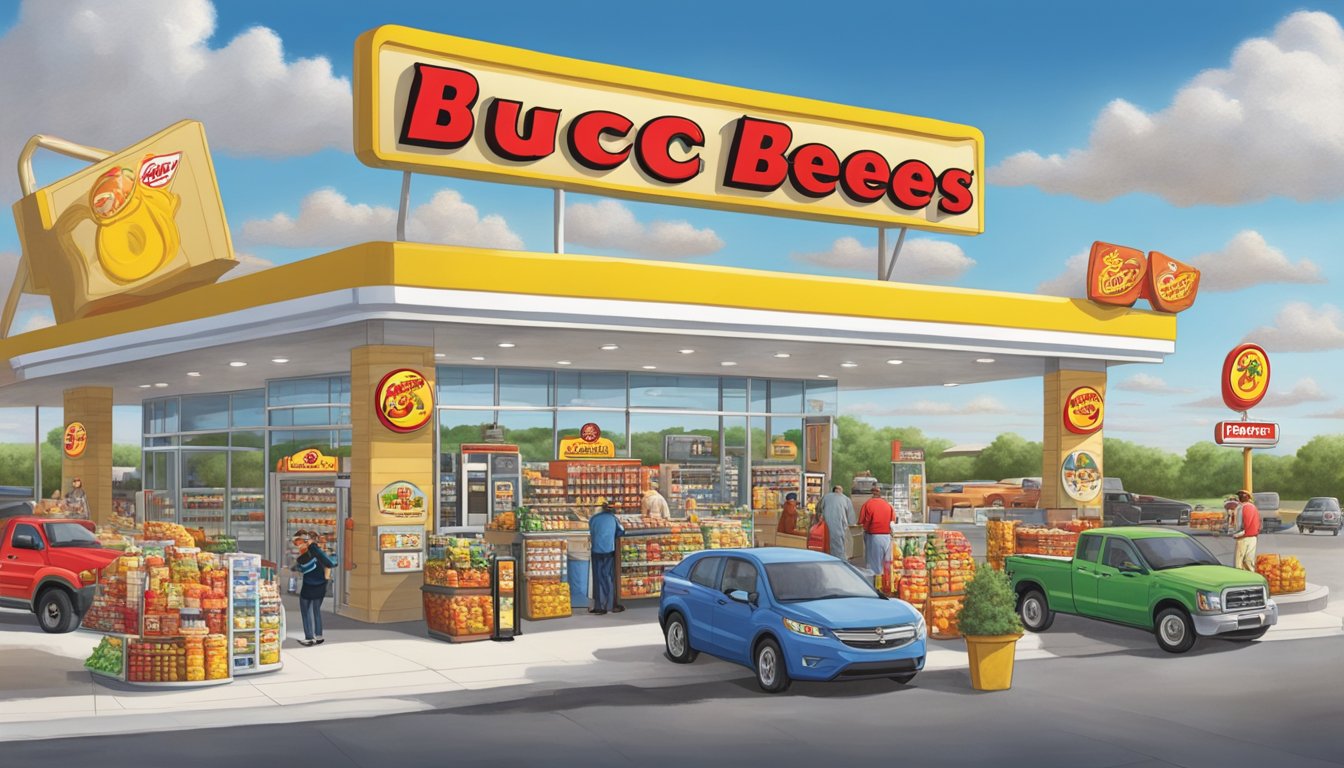 A bustling Buc-ee's gas station with iconic beaver mascot, towering fuel pumps, and a colorful array of snacks and merchandise