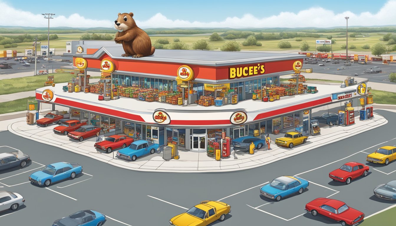 A crowded Buc-ee's gas station with a towering beaver mascot and rows of fuel pumps, surrounded by a bustling highway and a clear blue sky