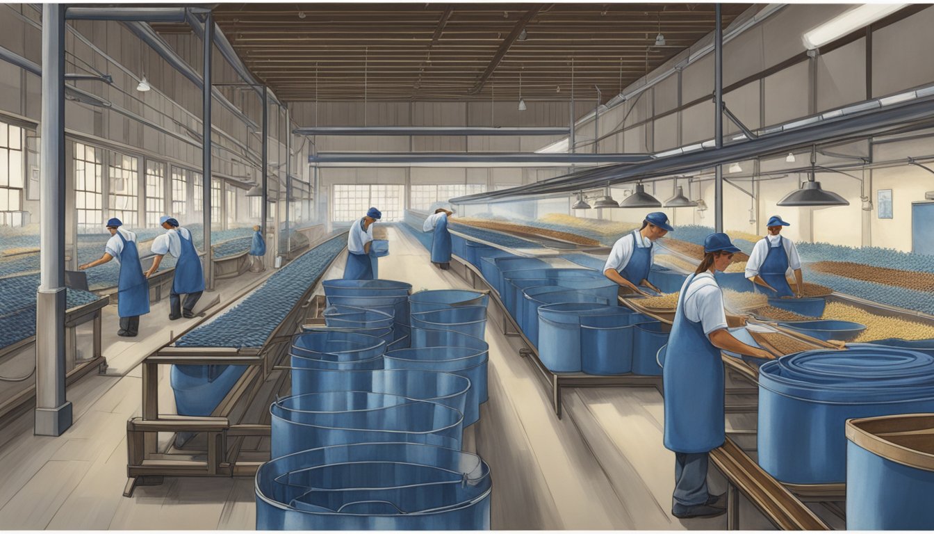 The Blue Bell Factory: Workers operating machinery, vats of blue dye, and rows of finished denim jeans on display