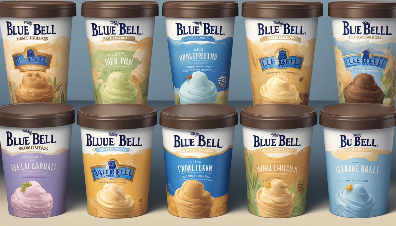 A display of Blue Bell ice cream cartons, showcasing a variety of limited edition flavors throughout the brand's history