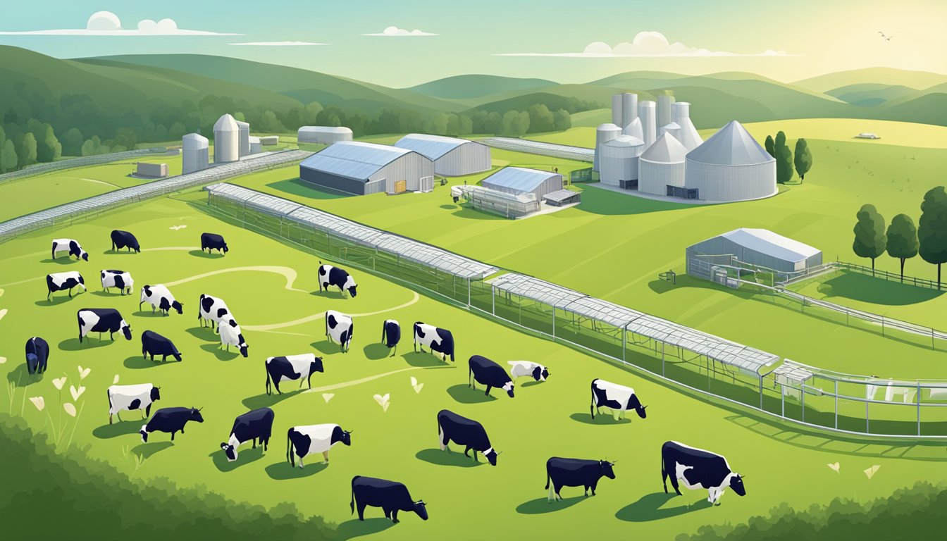 A serene pasture with grazing cows, a modern dairy facility, and a bustling ice cream production line