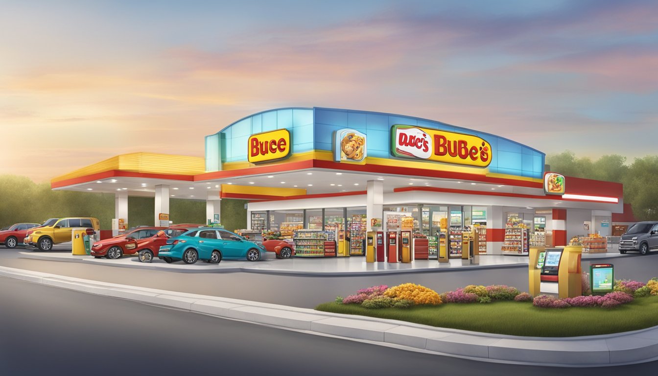 A bustling Buc-ee's gas station with a modern digital sign, fuel pumps, and a colorful array of snacks and merchandise