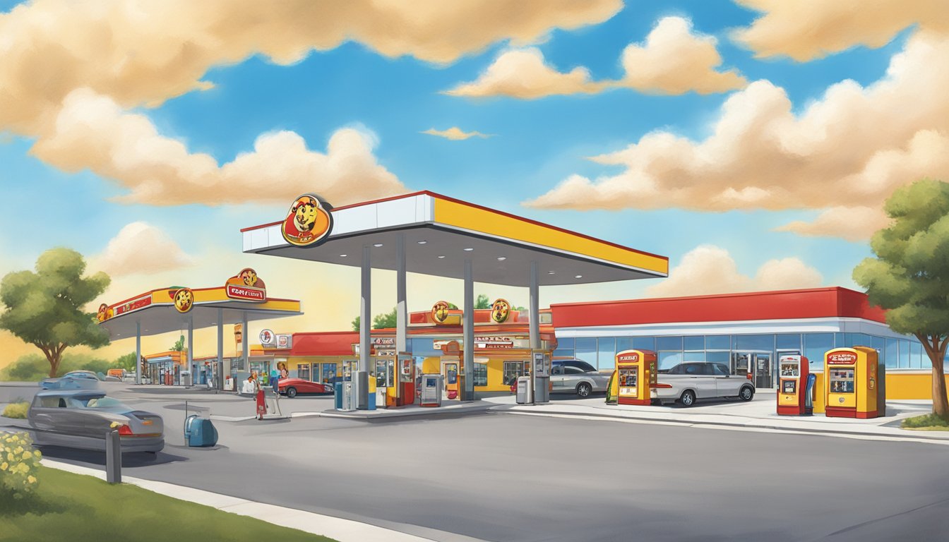 A bustling Buc-ee's gas station with iconic beaver mascot, clean restrooms, and rows of fuel pumps under a bright blue sky