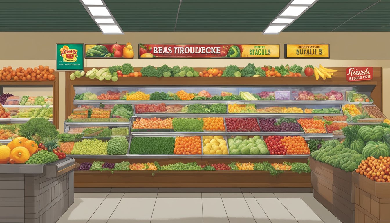 A colorful array of fresh produce, vibrant fruits, and specialty vegetarian dishes on display at Buc-ee's, with seasonal delights and limited-time offerings showcased