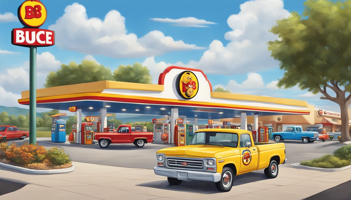 A bustling Buc-ee's gas station with iconic beaver mascot, colorful signage, and busy fuel pumps. The sky is clear, and the sun is shining