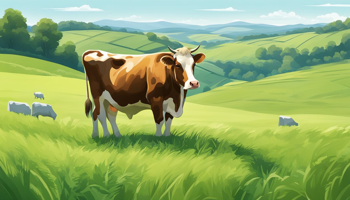 A serene countryside scene with a contented cow grazing in a lush green pasture, surrounded by rolling hills and a clear blue sky