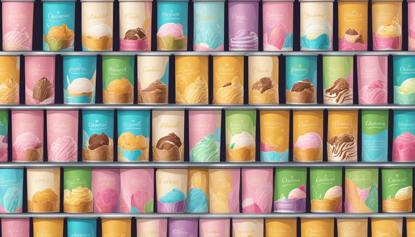 A colorful array of ice cream cartons displayed on a shelf, with various limited edition flavors and vibrant packaging