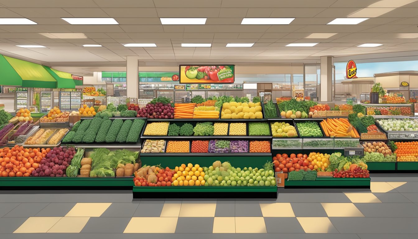 A colorful display of fresh fruits, vegetables, and plant-based snacks at Buc-ee's, with signs indicating dietary needs options