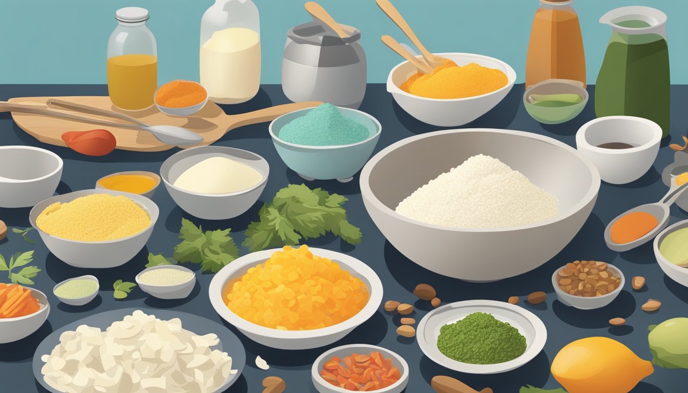 A colorful array of ingredients and flavor samples scattered across a kitchen counter, with a mixing bowl and various utensils nearby