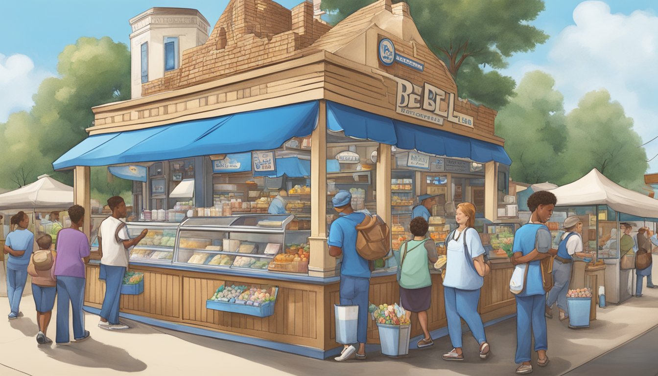 A bustling marketplace with a blue bell logo on a dairy stand, showcasing the journey from cow to ice cream cone