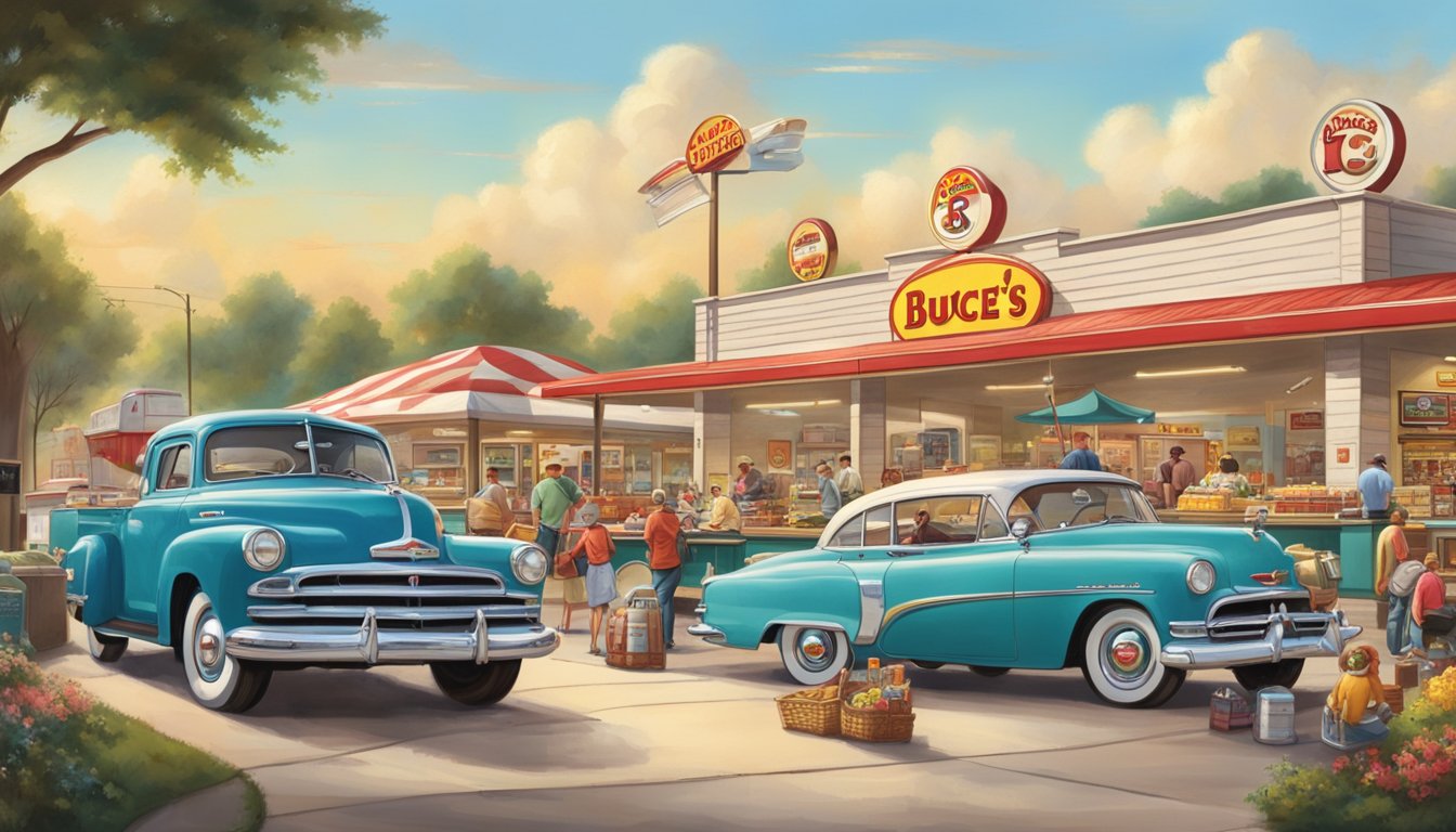 A bustling Buc-ee's gas station surrounded by vintage cars, local vendors, and families enjoying a picnic, creating a vibrant and nostalgic atmosphere