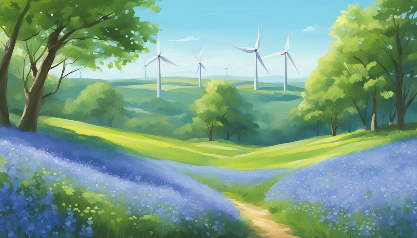 A vibrant bluebell field with wind turbines in the background, surrounded by lush greenery and clear blue skies