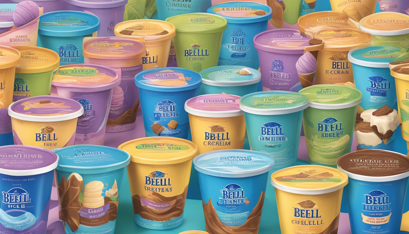 A colorful display of Blue Bell's limited edition ice cream flavors, showcasing a variety of unique and vibrant packaging designs