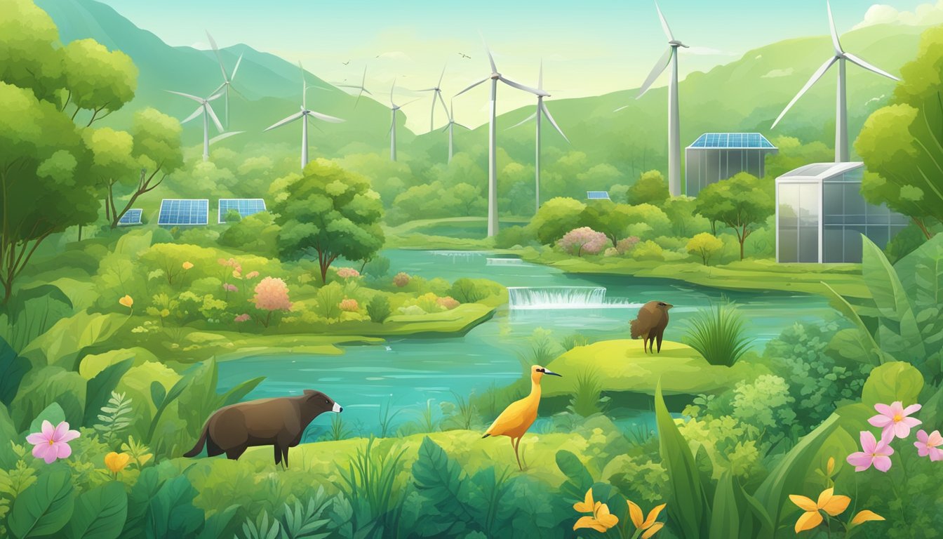 A lush, diverse landscape with various plant and animal species coexisting harmoniously, surrounded by renewable energy sources and sustainable infrastructure