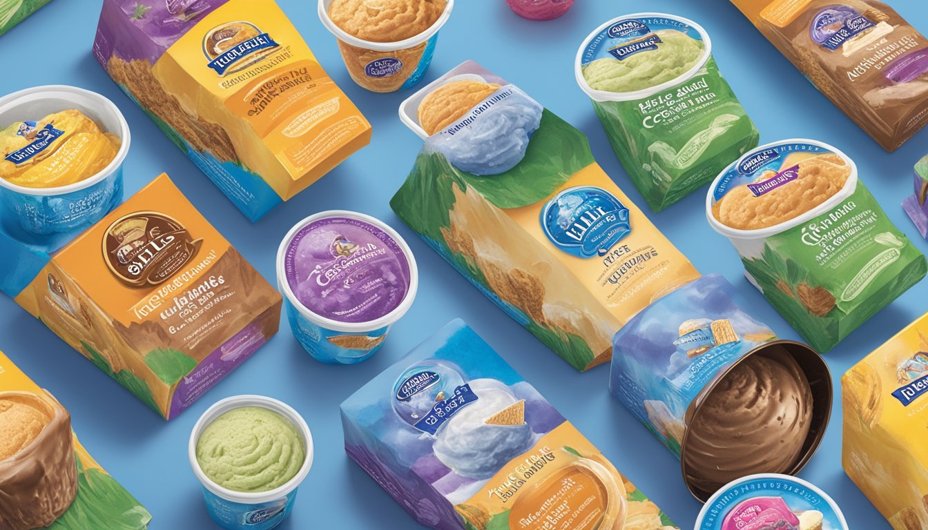 A colorful display of Blue Bell's limited edition ice cream flavors, with vibrant packaging and enticing imagery. Customers sample and purchase the new products, while promotional materials highlight the hits and misses of the collection