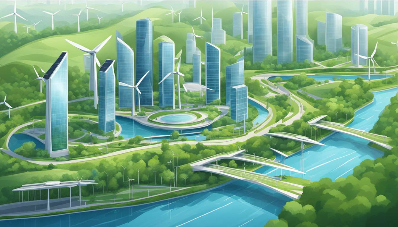 A bustling city skyline with wind turbines and solar panels integrated into the architecture, surrounded by lush greenery and clean, flowing waterways