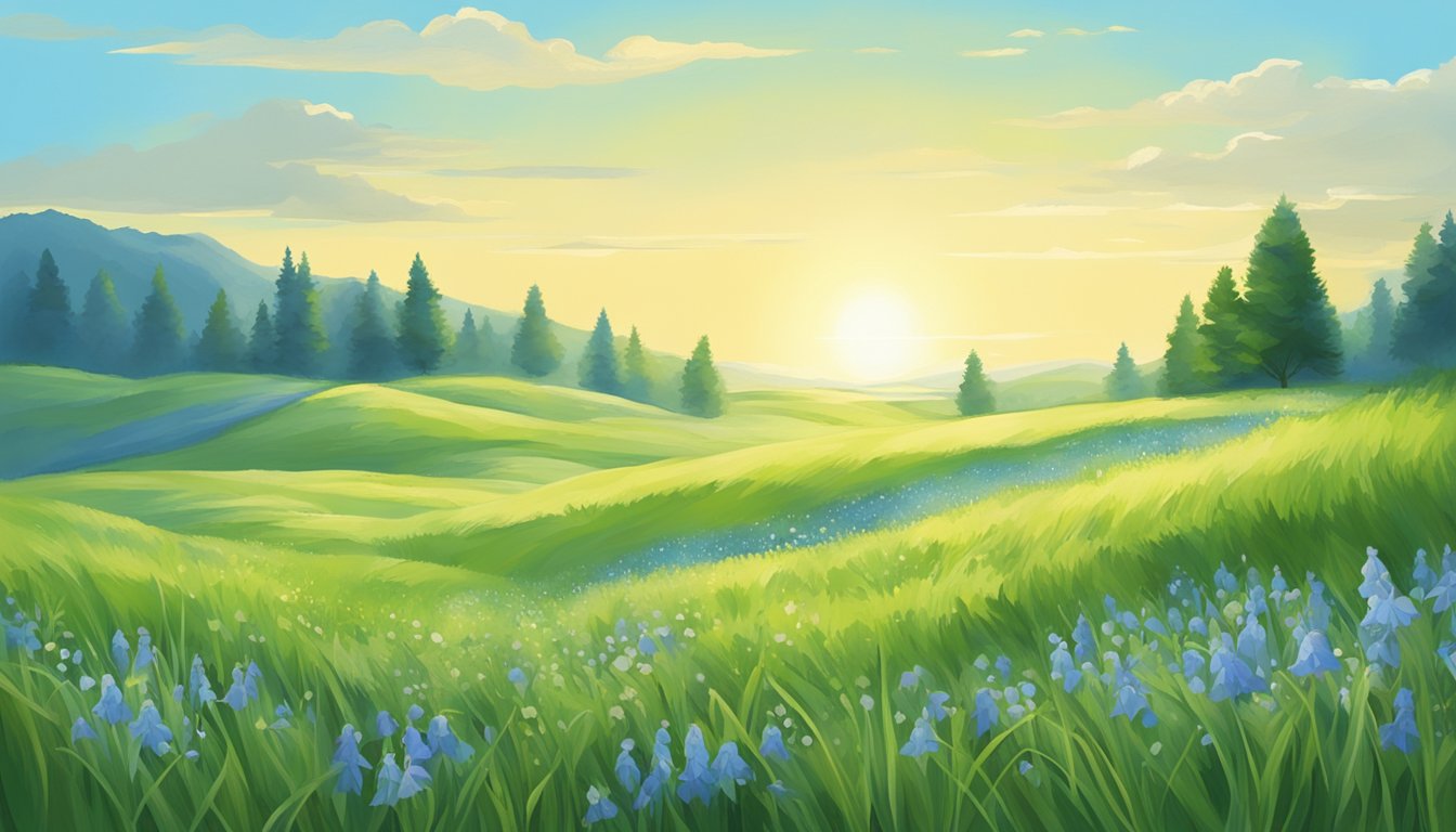 A serene meadow with a single bluebell flower blooming amidst a sea of green grass, with a clear blue sky overhead