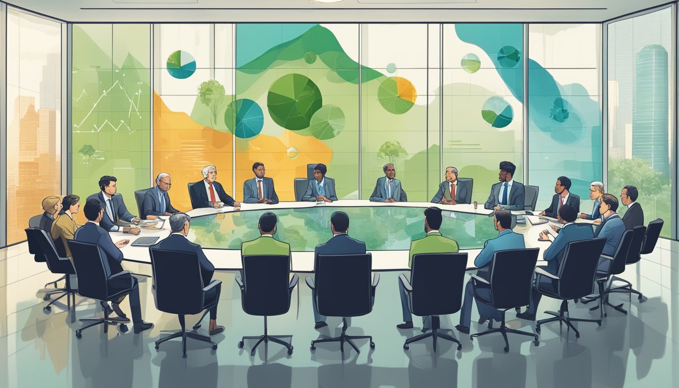 A boardroom meeting with executives discussing sustainability and climate change, surrounded by charts, graphs, and environmental imagery