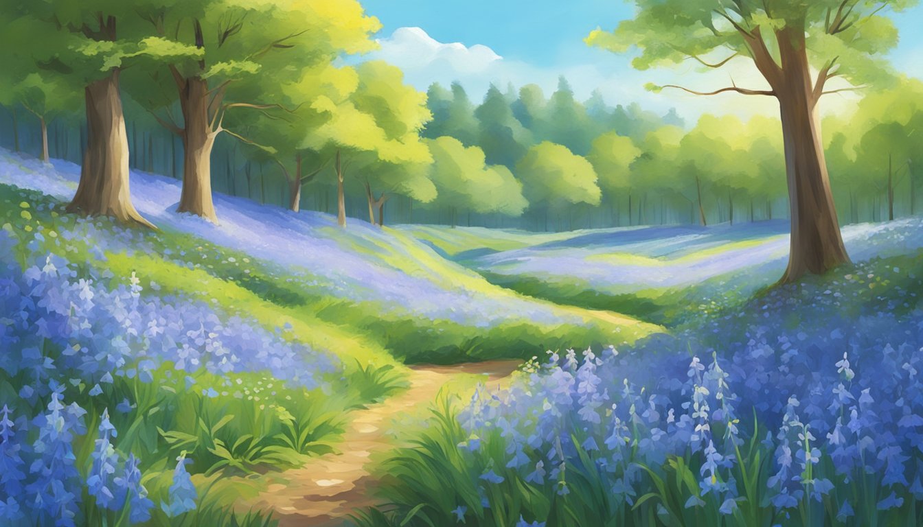 A field of vibrant bluebells stretching out under a clear blue sky, with a gentle breeze causing the flowers to sway and create a mesmerizing sea of color