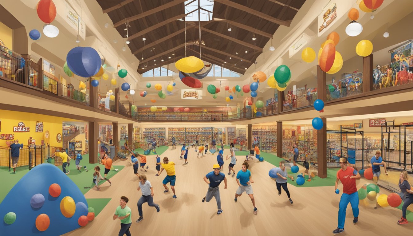 Customers participating in various athletic feats inside Buc-ee's, such as rock climbing, obstacle courses, and weightlifting, surrounded by the store's expansive history and expansion