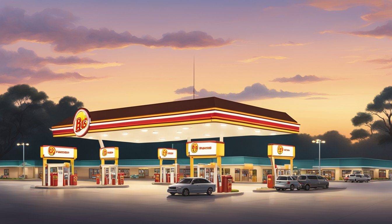 A serene Buc-ee's gas station at dusk, with glowing lights, towering gas pumps, and a peaceful, empty parking lot