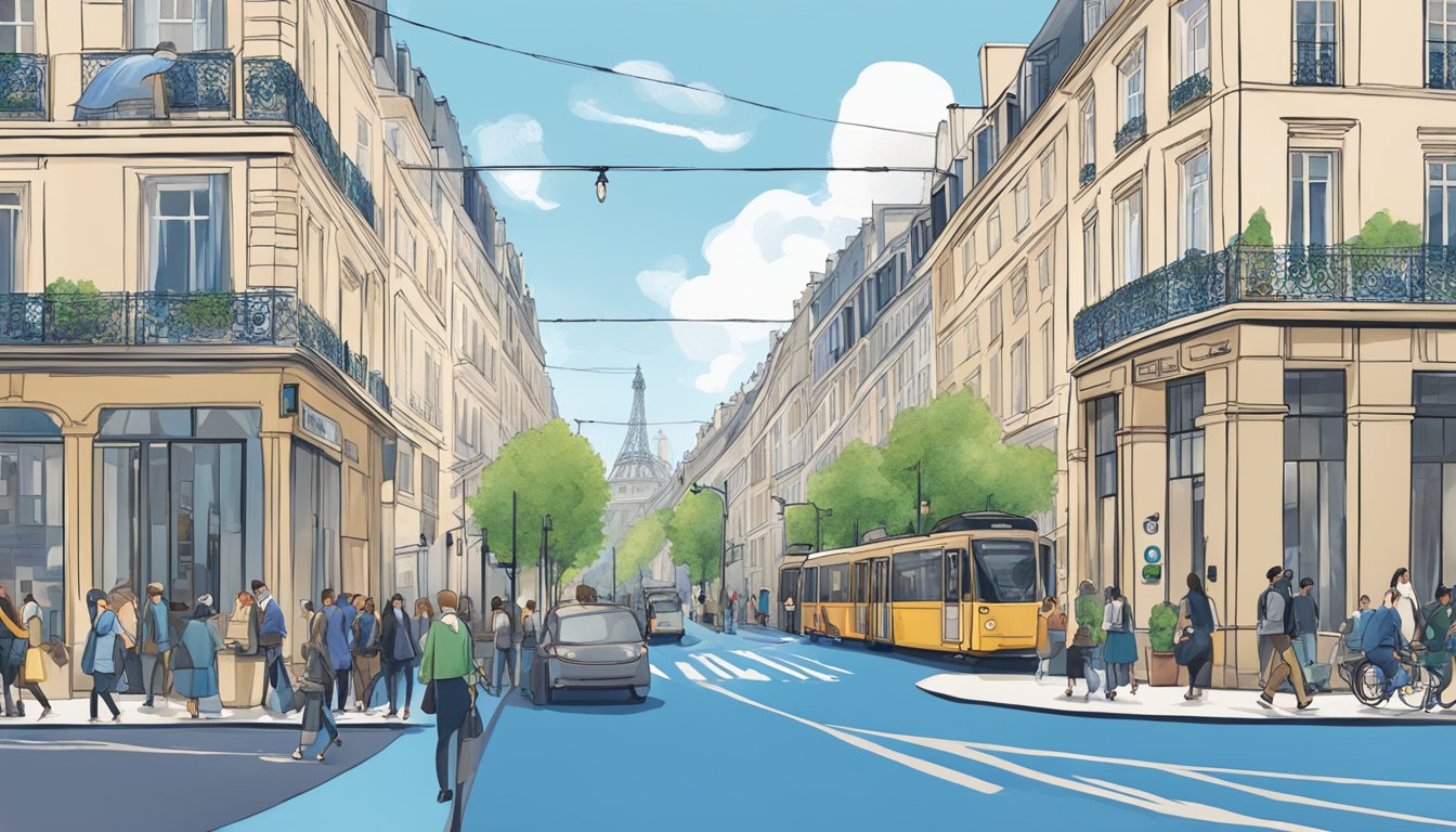 A bustling city street with Parisian architecture and a prominent Blue Bell logo on a building. People are using eco-friendly transportation and there are visible sustainability initiatives in place