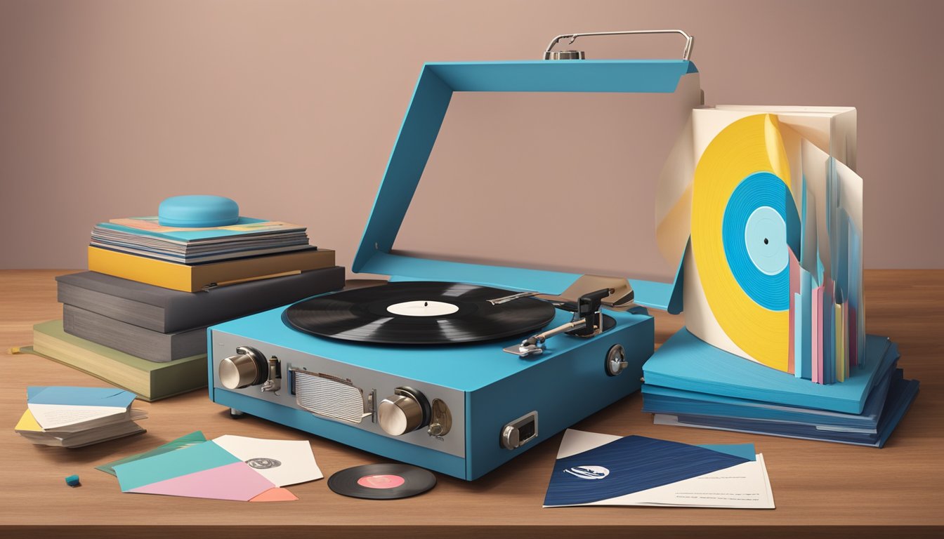 A vintage record player with a spinning vinyl of "The Blue Bell Song" surrounded by colorful marketing materials