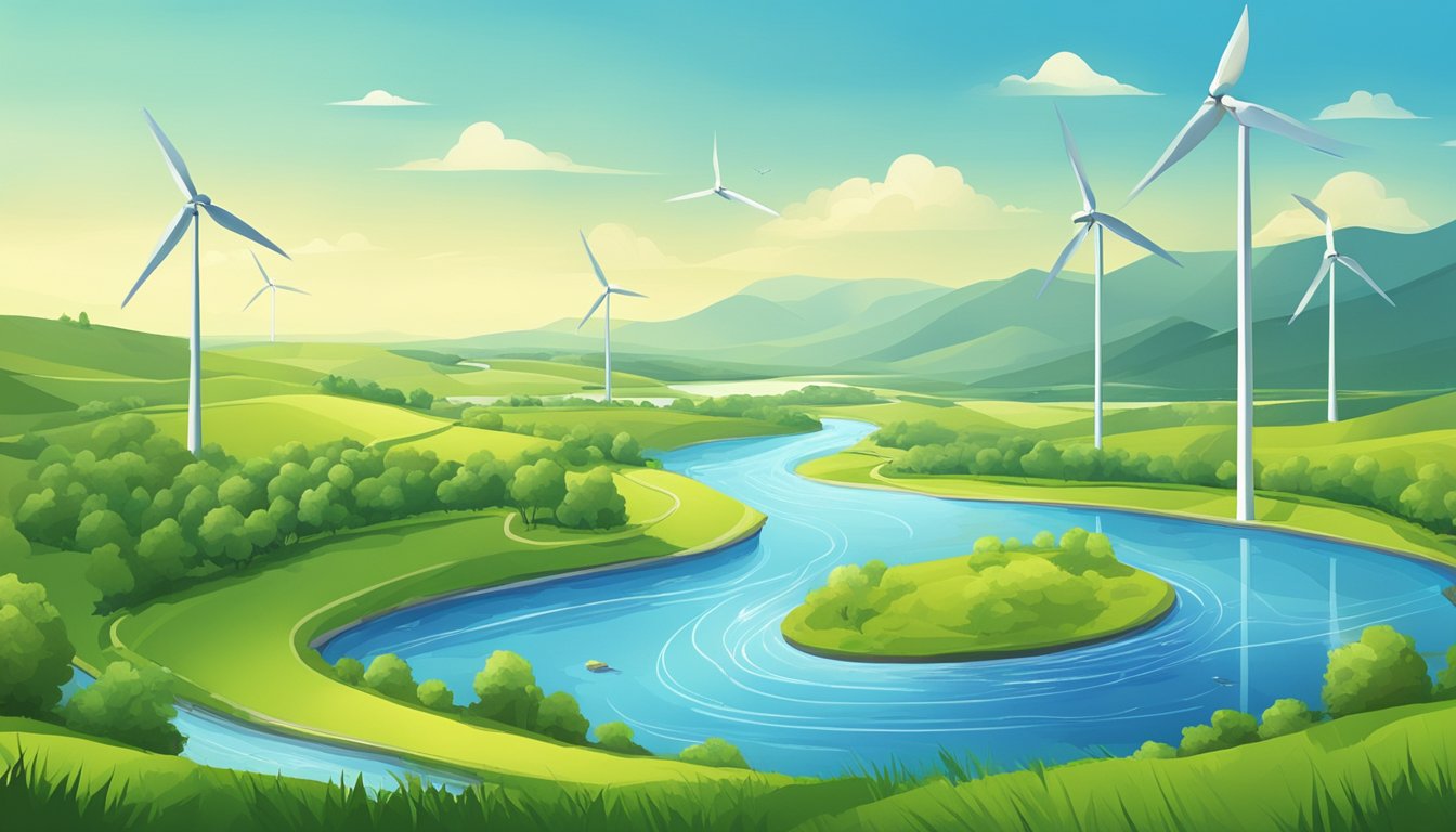 A lush green landscape with wind turbines and solar panels, a clear blue sky, and a flowing river with wildlife