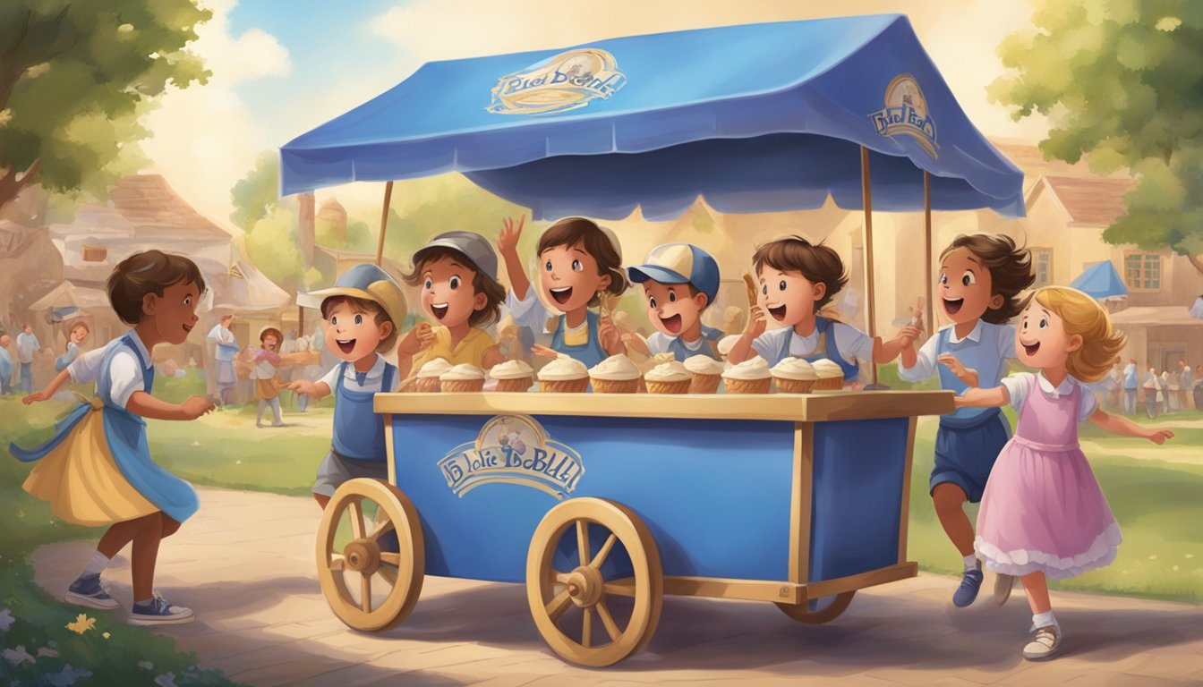 A group of children dancing and singing around a cart filled with Blue Bell ice cream, while a large banner with the company's logo flutters in the background