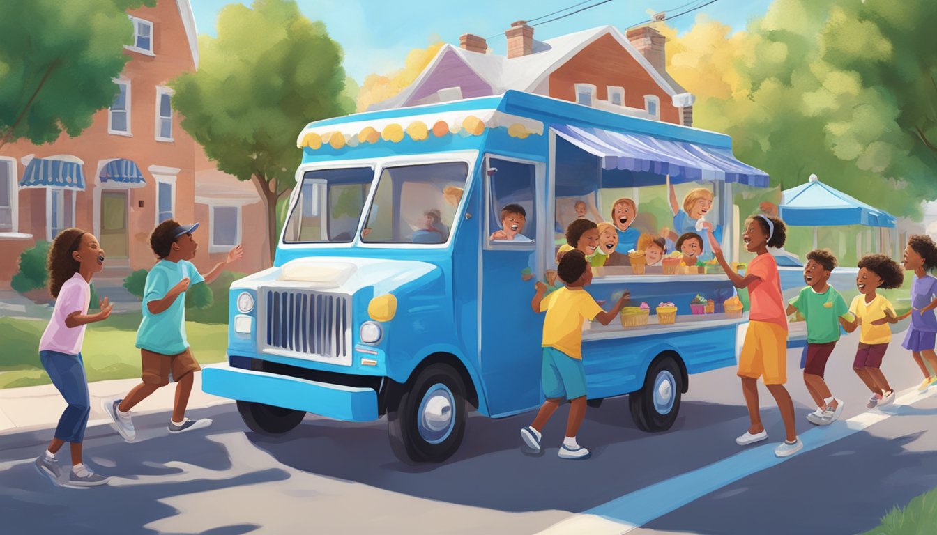 A group of people joyfully singing along to the Blue Bell ice cream truck as it drives through a neighborhood on a sunny day