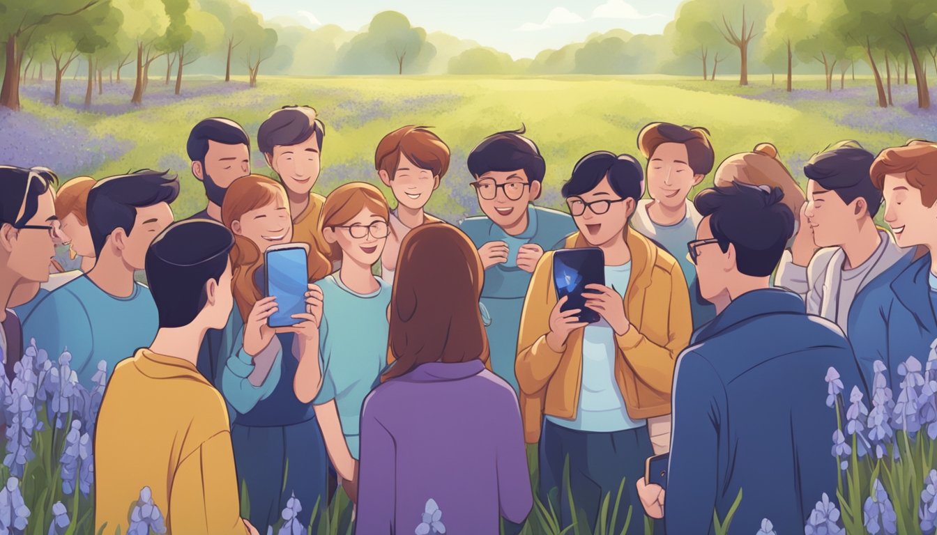 A group of people gather around a smartphone, eagerly sharing and discussing a viral video of a bluebell field with a catchy jingle playing in the background