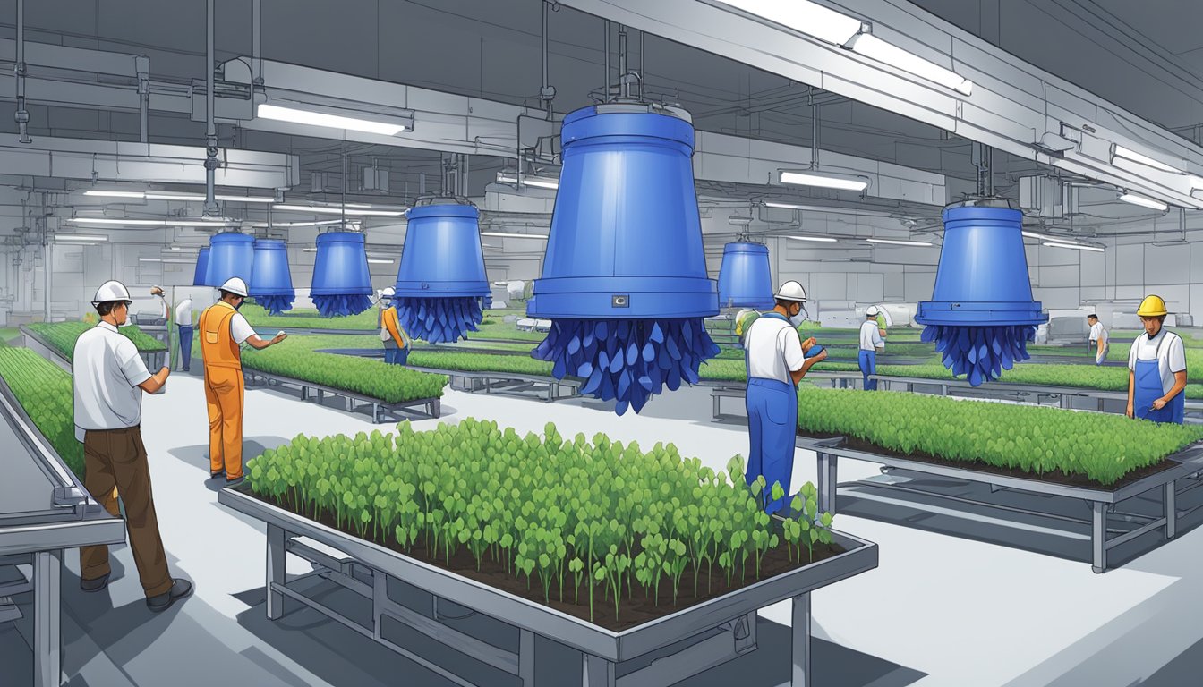 A factory floor with workers inspecting and testing large blue bells, while others update compliance procedures on a whiteboard