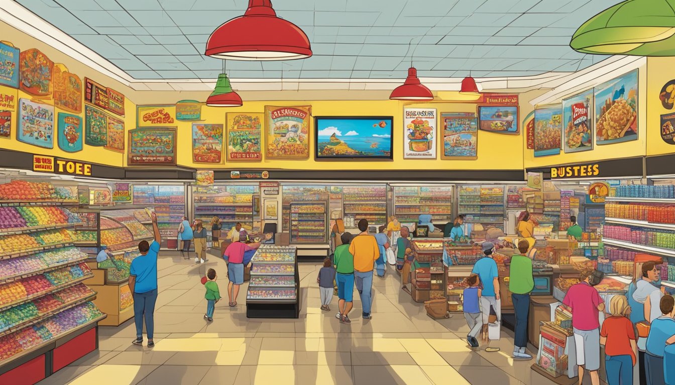 A bustling Buc-ee's store with colorful displays, people browsing, and a lively atmosphere. A large sign advertises entertainment options