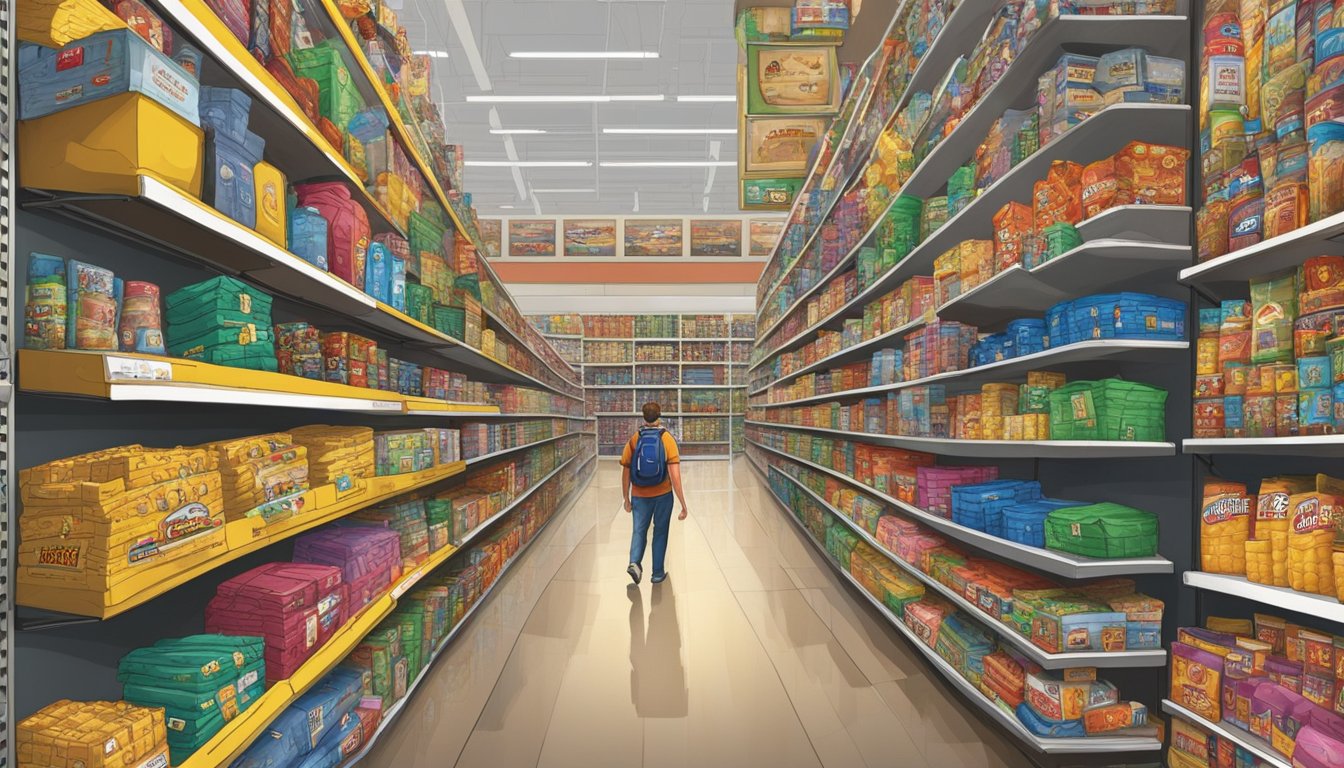 Shoppers scaling towering shelves inside a massive Buc-ee's, reaching for extreme sports gear and athletic equipment