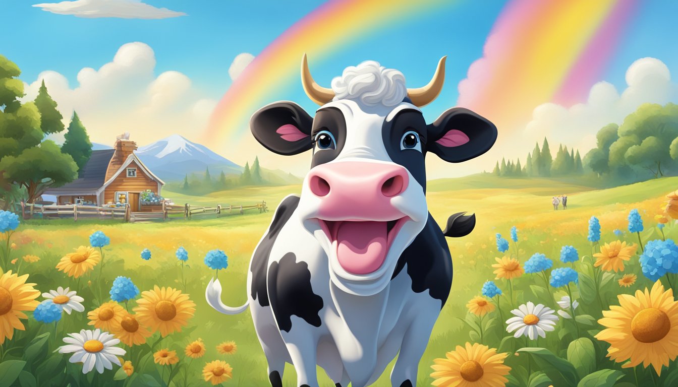 A cheerful cartoon cow dances in a sunlit meadow, surrounded by vibrant flowers and a clear blue sky. A television displaying the Blue Bell ice cream logo sits in the corner