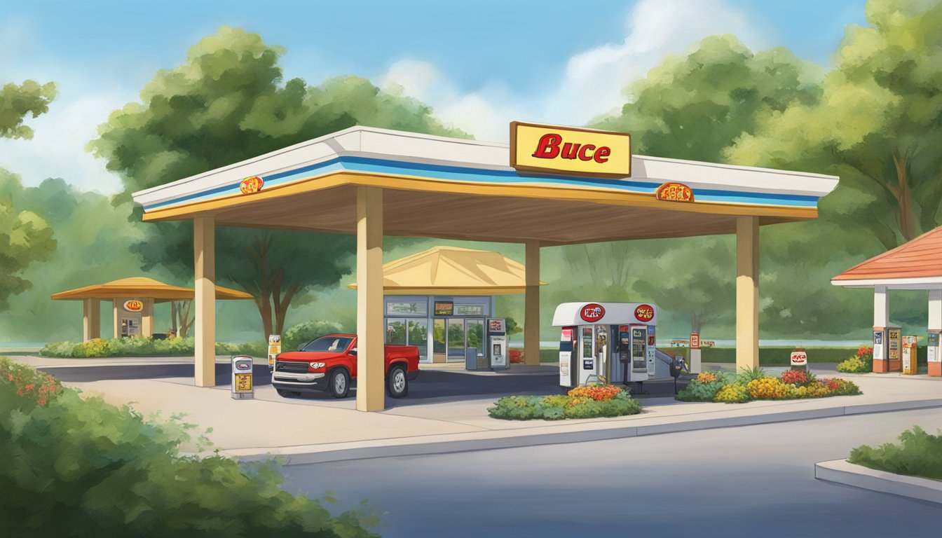 A serene Buc-ee's gas station oasis, with lush greenery, a tranquil pond, and a clear blue sky, creating unexpected moments of peace