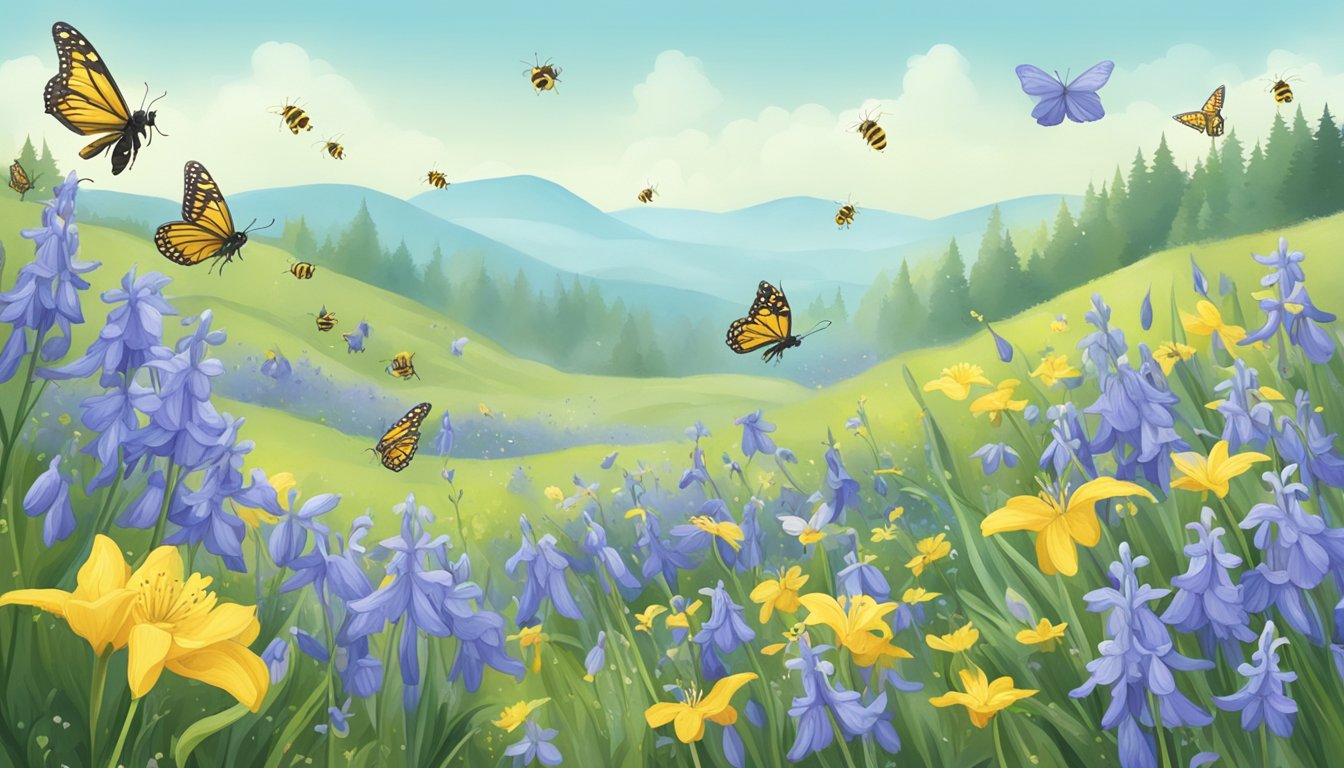 A whimsical bluebell field surrounded by buzzing bees and fluttering butterflies