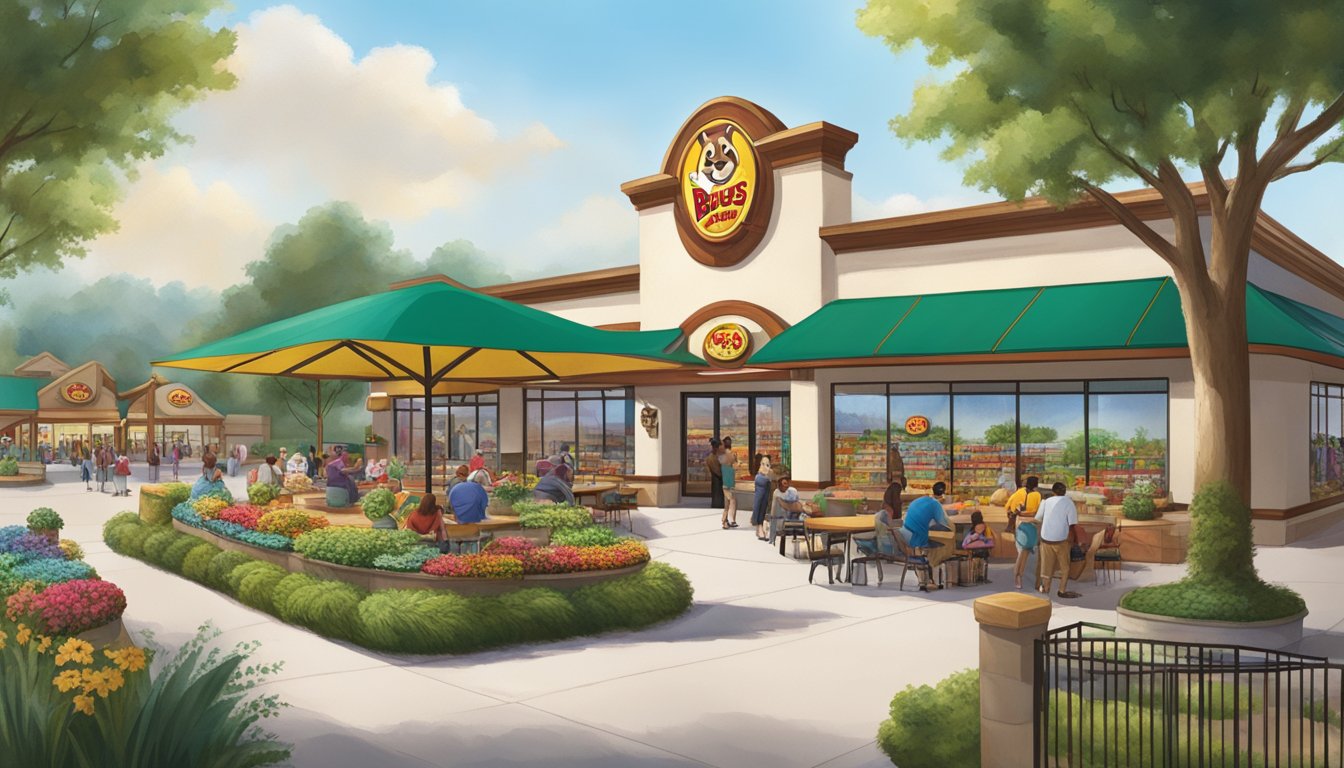 A bustling Buc-ee's store with colorful displays, a giant beaver mascot, and a serene outdoor seating area surrounded by lush greenery