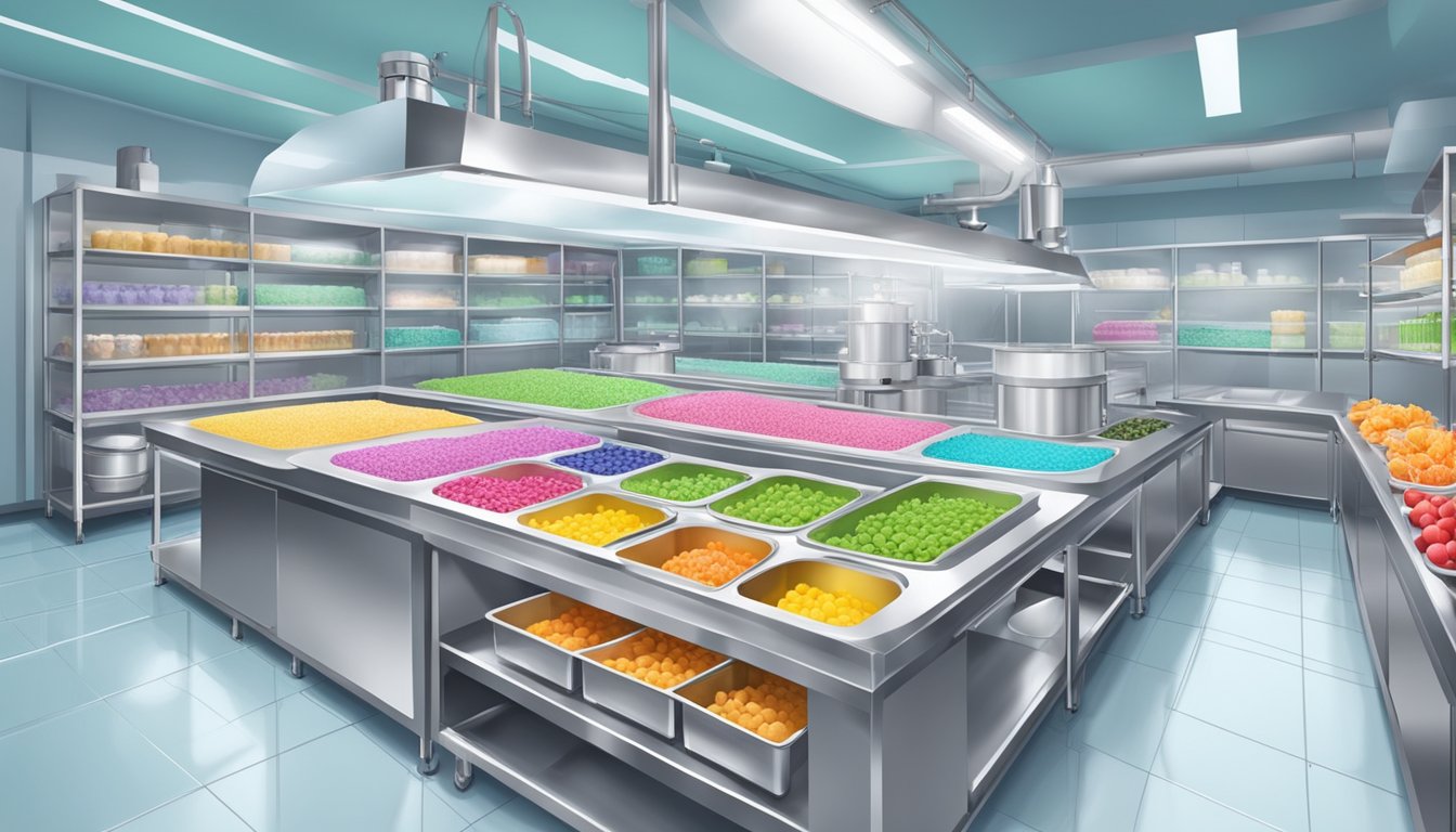 A pristine laboratory with stainless steel equipment and rows of colorful, fresh ingredients ready for the ice cream production process