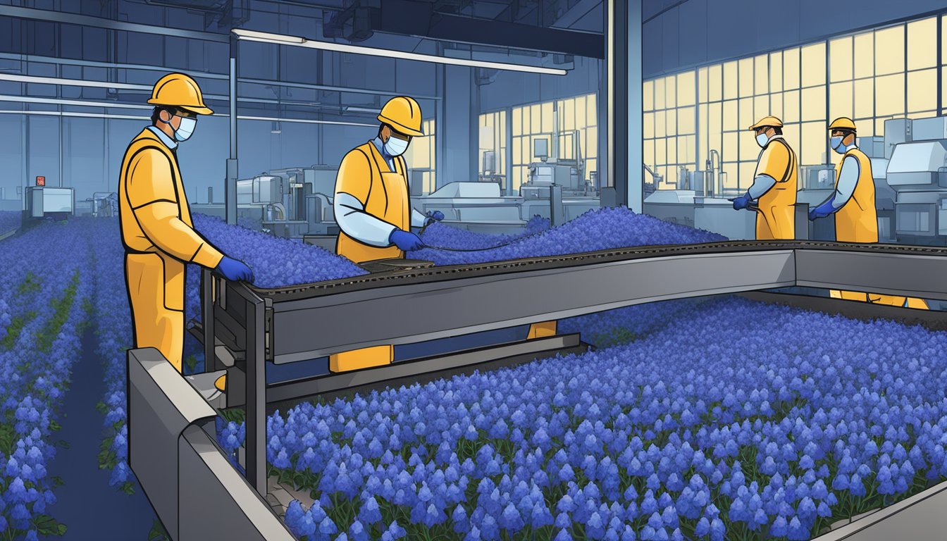 A factory conveyor belt discarding contaminated blue bells while workers implement new safety protocols