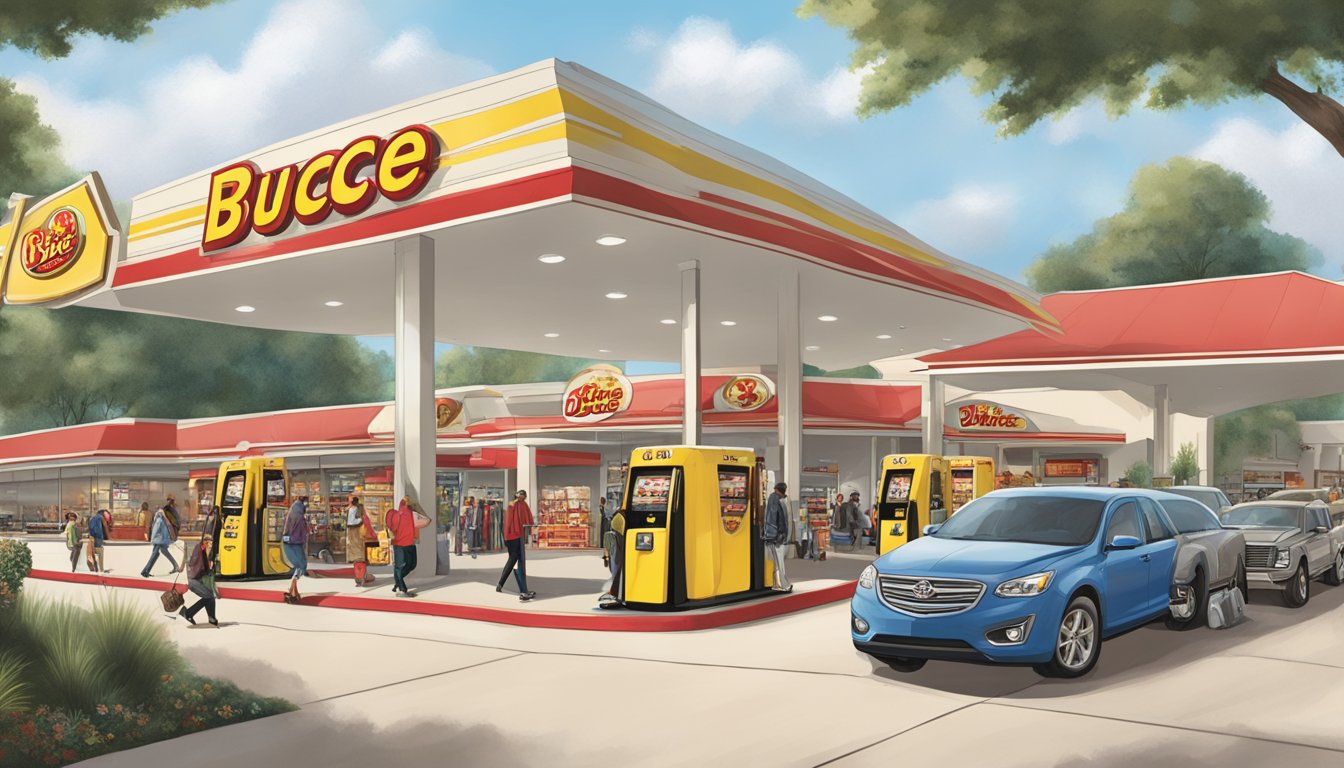 A bustling gas station transformed into a high-fashion runway with Buc-ee's branding and culture incorporated into the designs